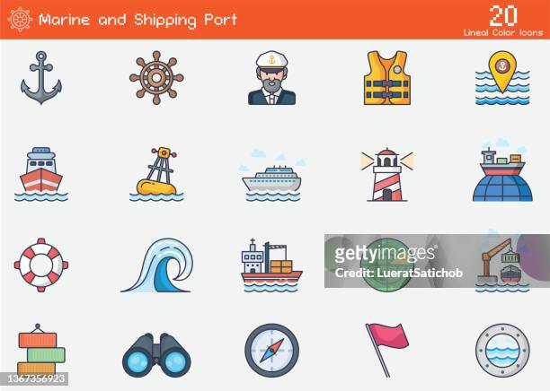 marine- und schifffahrtshafen lineare farbsymbole - anker werfen stock-grafiken, -clipart, -cartoons und -symbole