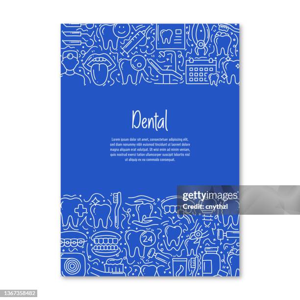 dental related objects and elements. hand drawn vector doodle illustration collection. poster, cover template with different dental objects - dentures stock illustrations