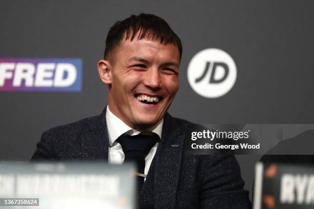 Josh Warrington reacts during the Kiko Martinez v Josh Warrington Press Conference at The Banking Hall on January 28, 2022 in Leeds, England.