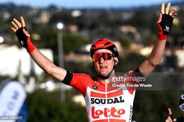 Tim Wellens of Belgium and Team Lotto Soudal celebrates at finish line as race winner during the 31st Challenge Ciclista Mallorca 2022 - Trofeo Serra...