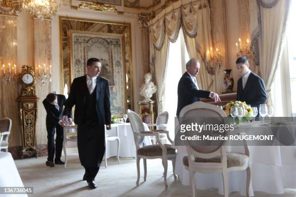 The waiters just before the opening of the doors at the Restaurant Louis XV at the Hotel de Paris on March 3, 2011 in Monaco. The Louis XV is...
