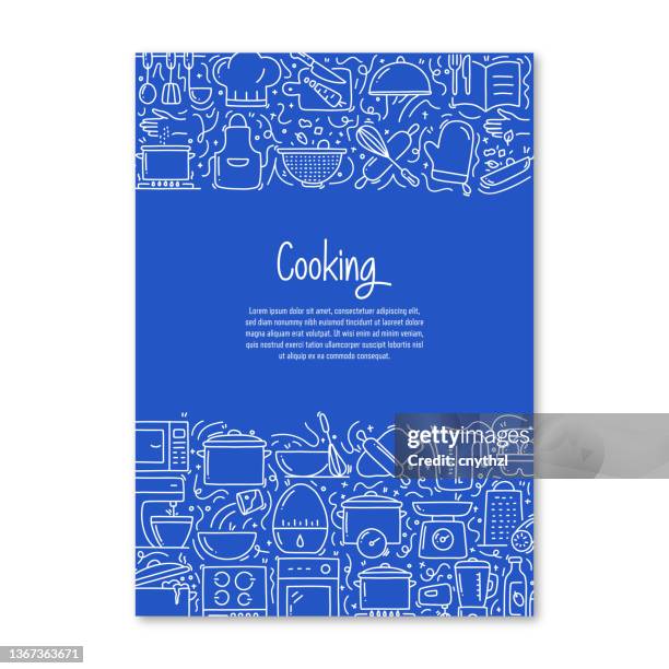 stockillustraties, clipart, cartoons en iconen met cooking related objects and elements. hand drawn vector doodle illustration collection. cover, poster template with different cooking objects - gourmet