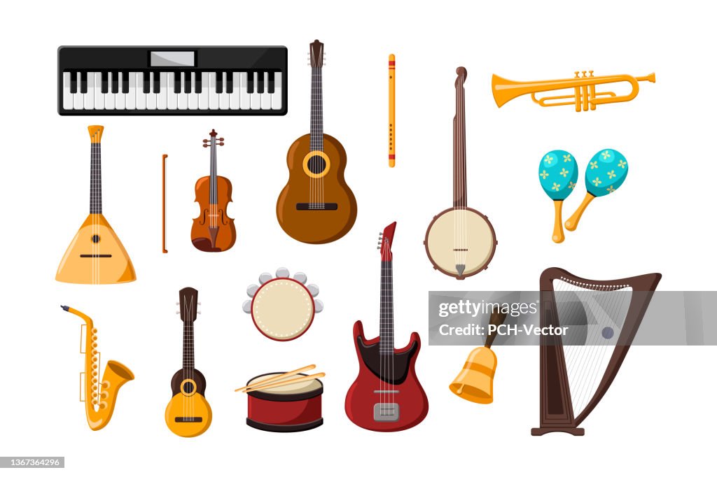 Various Musical Instruments Cartoon Illustration Set High-Res Vector ...