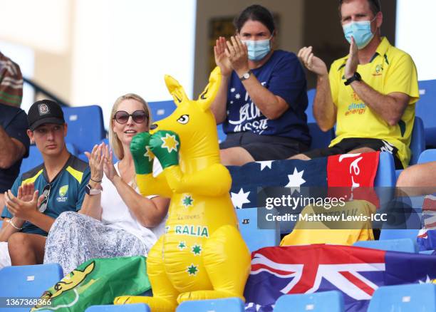 An inflatable kangaroo is seen alongside fans of Australia during the ICC U19 Men's Cricket World Cup Super League Quarter Final 3 match between...