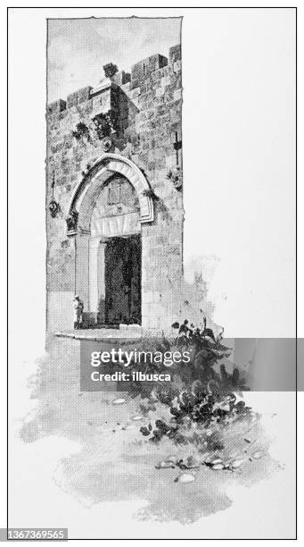 antique travel photographs of jerusalem and surroundings: zion gate, jerusalem - zion national park stock illustrations