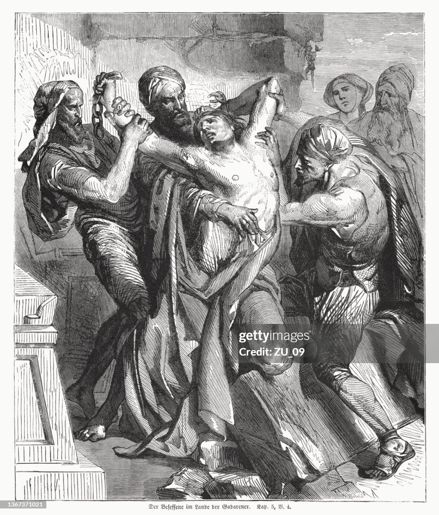 Exorcism of the Gerasene demoniac (Mark 5), woodcut, published 1862