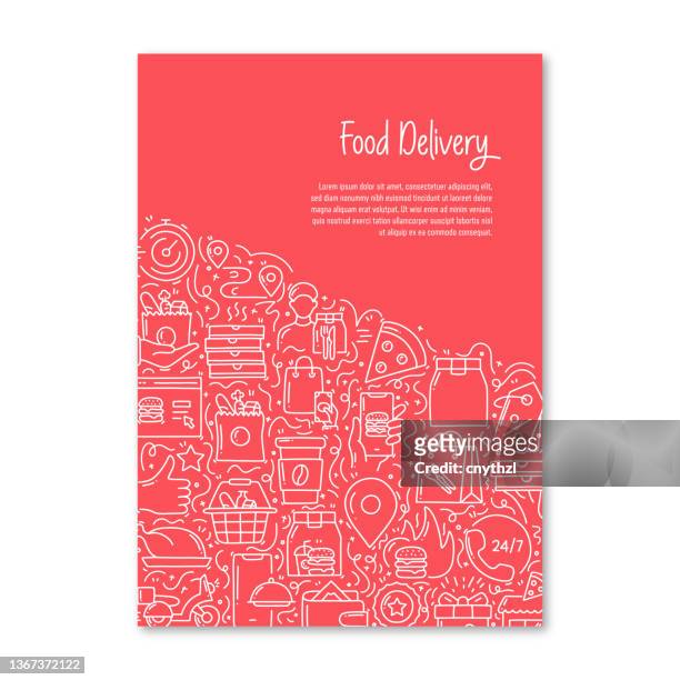 ilustrações de stock, clip art, desenhos animados e ícones de food delivery related objects and elements. hand drawn vector doodle illustration collection. poster, cover template with different food delivery objects - consumerism stock illustrations