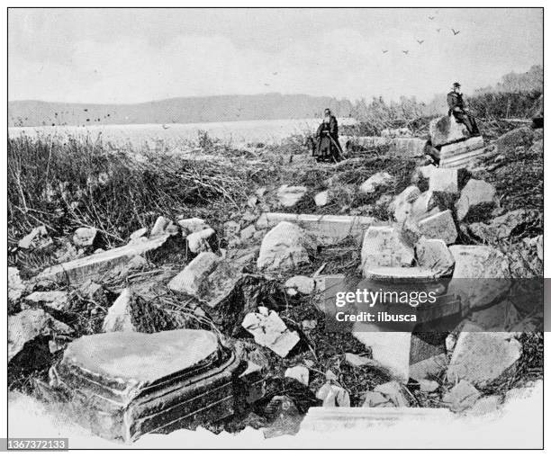 antique travel photographs of jerusalem and surroundings: ruins of capernaum - capernaum stock illustrations