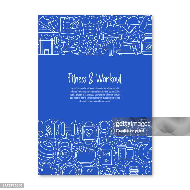 fitness and workout related objects and elements. hand drawn vector doodle illustration collection. poster, cover template with different fitness and workout objects - bench press stock illustrations