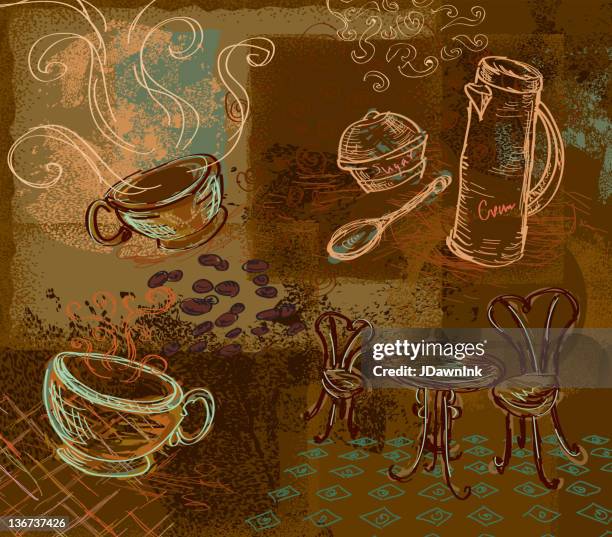 coffee cafe themed objects with textured background - coffee beans background stock illustrations