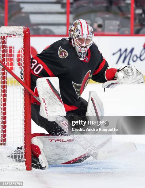 Matt Murray of the Ottawa Senators tends net against the Carolina Hurricanes at Canadian Tire Centre on January 27, 2022 in Ottawa, Ontario, Canada.