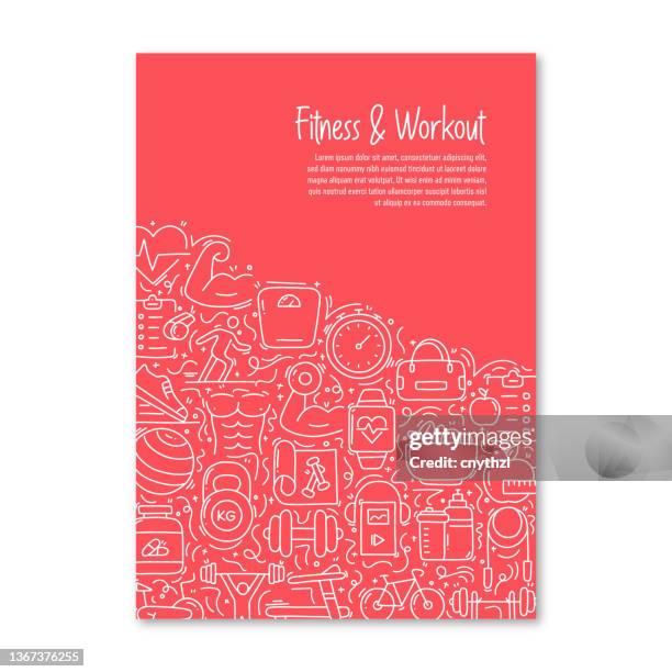 fitness and workout related objects and elements. hand drawn vector doodle illustration collection. poster, cover template with different fitness and workout objects - bench press stock illustrations