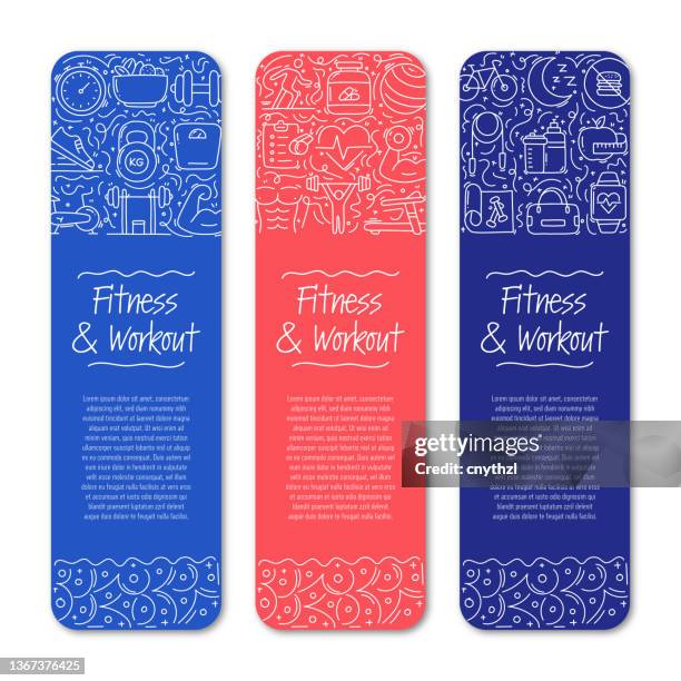 fitness and workout related objects and elements. hand drawn vector doodle illustration collection. banner template with different fitness and workout objects - bench press exercise stock illustrations