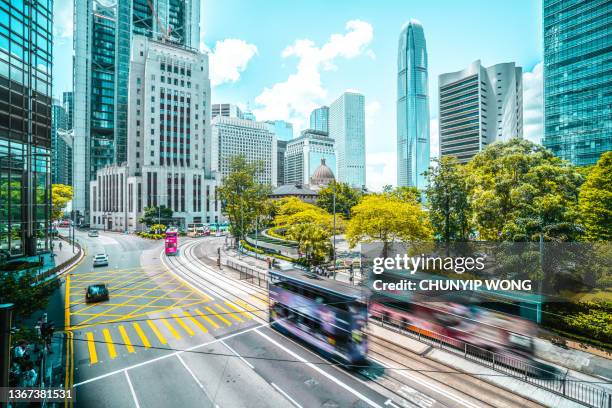 dynamic city with trams on the road - stadscentrum hongkong stockfoto's en -beelden