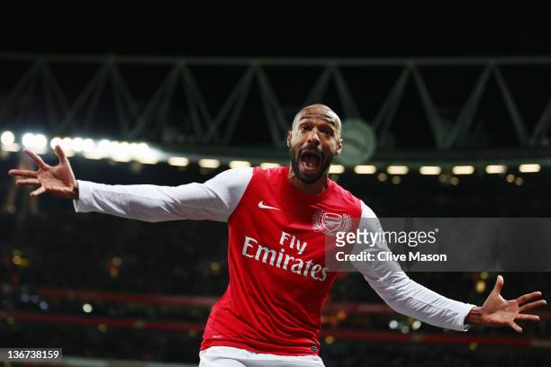 Thierry Henry of Arsenal celebrates scoring during the FA Cup Third Round match between Arsenal and Leeds United at the Emirates Stadium on January...