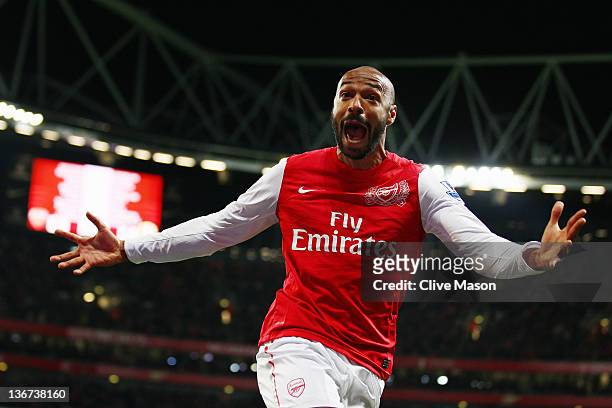 Thierry Henry of Arsenal celebrates scoring during the FA Cup Third Round match between Arsenal and Leeds United at the Emirates Stadium on January...
