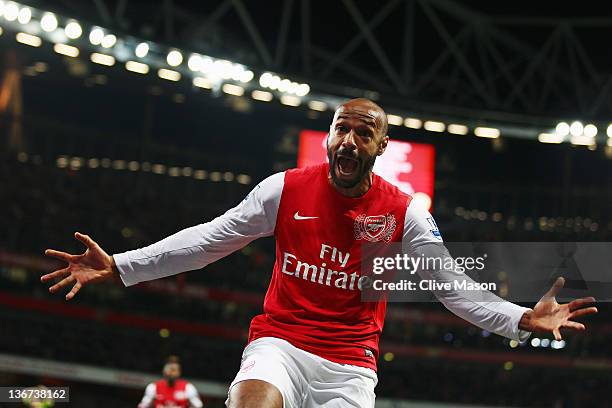 Thierry Henry of Arsenal celebrates scoring during the FA Cup Third Round match between Arsenal and Leeds United at the Emirates Stadium on January...