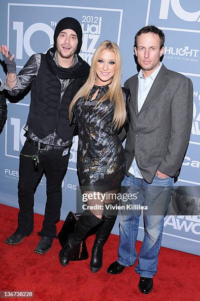 Xander Corvus, Amy Brooke and Dave Zambie attend the 10th Annual XBIZ Awards at The Barker Hanger on January 10, 2012 in Santa Monica, California.