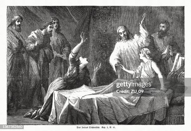 stockillustraties, clipart, cartoons en iconen met raising of jairus' daughter (mark 5), wood engraving, published 1862 - st james barbados