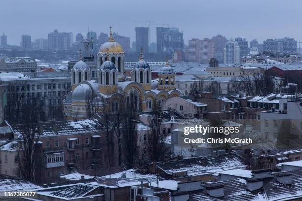 St Volodymyr's Cathedral is seen against the city skyline on January 28, 2022 in Kyiv, Ukraine. International fears of an imminent Russian military...