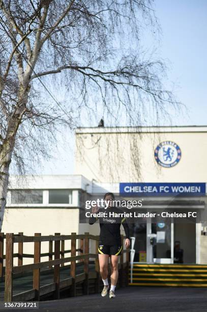 Aniek Nouwen of Chelsea walks out prior to a Chelsea FC Women's Training Session at Chelsea Training Ground on January 28, 2022 in Cobham, England.