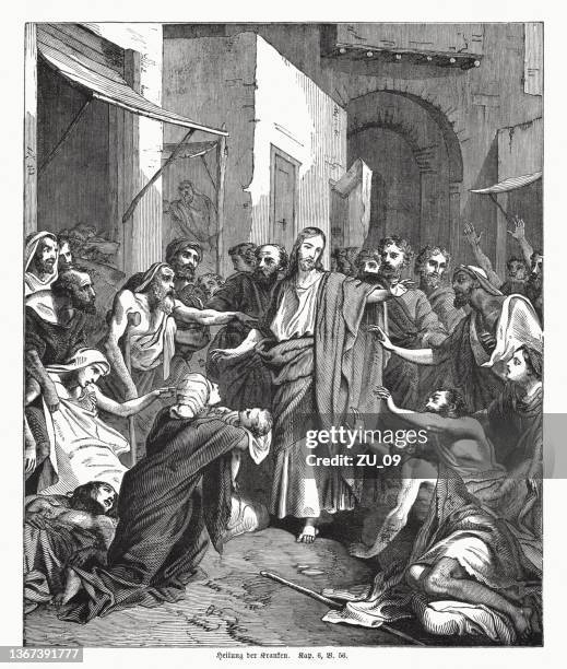 bildbanksillustrationer, clip art samt tecknat material och ikoner med jesus heals the sick (mark 6, 56), woodcut, published 1862 - religiös text