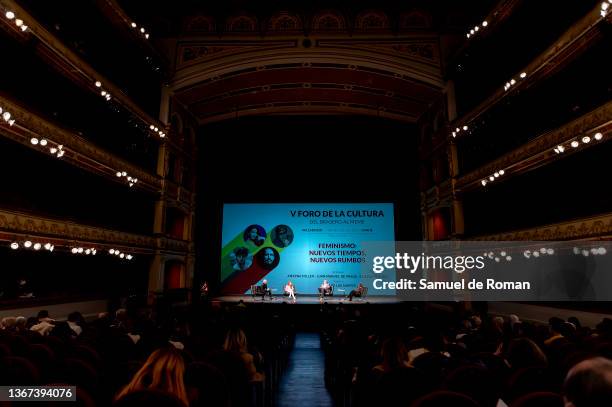 Elisabeth Duval, Juan Manuel de Prada, Amarna Miller and Jaime de los Santos attend during Foro de la Cultura - 'Feminismo, Nuevos Tiempos, Nuevos...