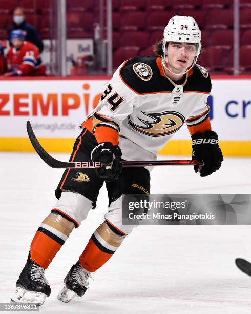 Jamie Drysdale of the Anaheim Ducks skates against the Montreal Canadiens during the second period at Centre Bell on January 27, 2022 in Montreal,...