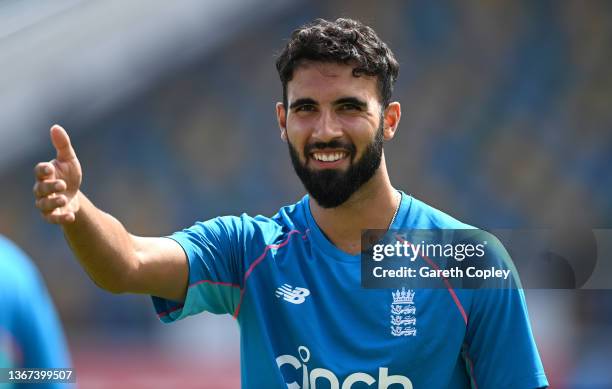 Saqib Mahmood of England during a nets session at Kensington Oval on January 28, 2022 in Bridgetown, Barbados.