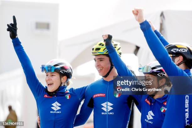 Race winners Lucia Bramati of Italy, Davide Toneatti of Italy, Silvia Persico of Italy, and Samuele Leone of Italy celebrate winning after the 73rd...