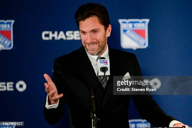Former New York Ranger Henrik Lundqvist speaks during a press conference prior to his jersey retirement ceremony taking place before the game between...