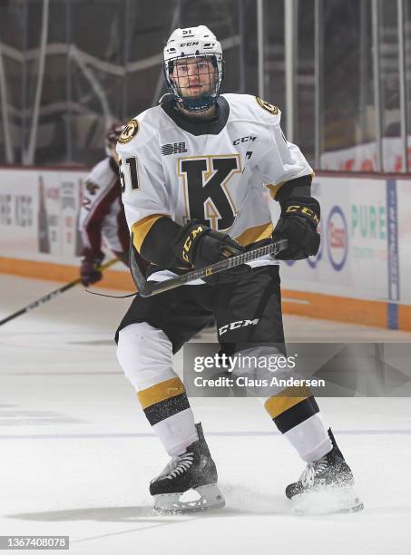 Shane Wright of the Kingston Frontenacs skates against the Peterborough Petes in an OHL game at the Peterborough Memorial Centre on January 27, 2022...