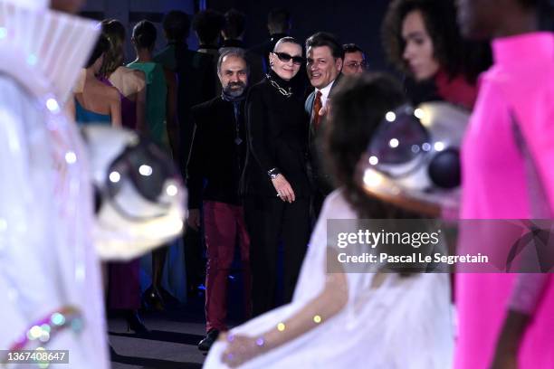 Gian Paolo Gianotti , Maryse Gaspard and Rodrigo Basilicati Cardin walk the runway during the Pierre Cardin 3022 Show At Musee De l'Air Et De...