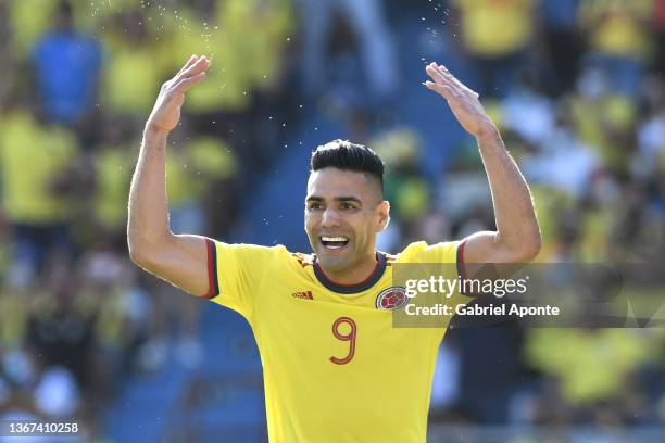 Radamel Falcao of Colombia reacts during a match between Colombia and Peru as part of FIFA World Cup Qatar 2022 Qualifiers at Roberto Melendez...