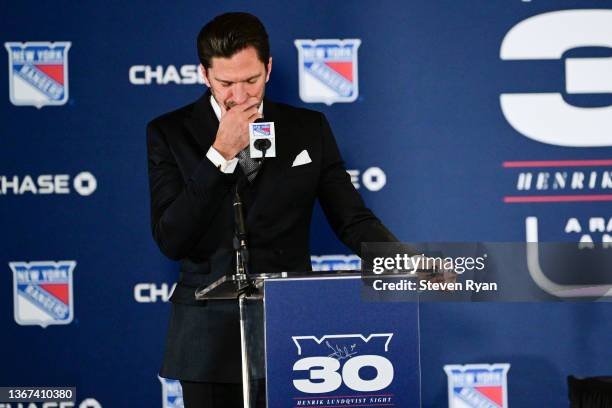 Former New York Ranger Henrik Lundqvist reacts as he speaks during a press conference prior to his jersey retirement ceremony taking place before the...