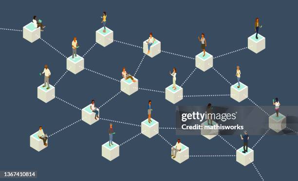 blockchain-illustration mit menschen - peer to peer finance stock-grafiken, -clipart, -cartoons und -symbole