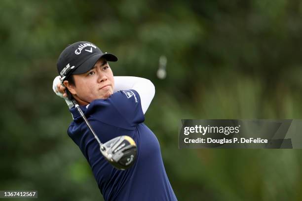 Yuka Saso of Japan hits from the 5th tee during the second round of the 2022 Gainbridge LPGA at Boca Rio Golf Club on January 28, 2022 in Boca Raton,...