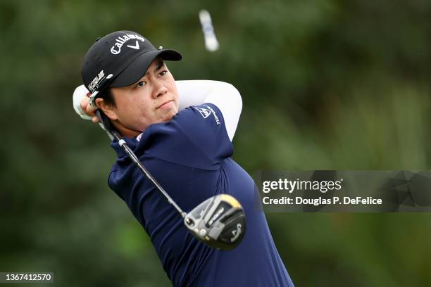 Yuka Saso of Japan hits from the 5th tee during the second round of the 2022 Gainbridge LPGA at Boca Rio Golf Club on January 28, 2022 in Boca Raton,...