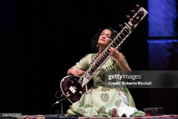 Anoushka Shankar performs on stage at Glasgow Royal Concert Hall on January 28, 2022 in Glasgow, Scotland.