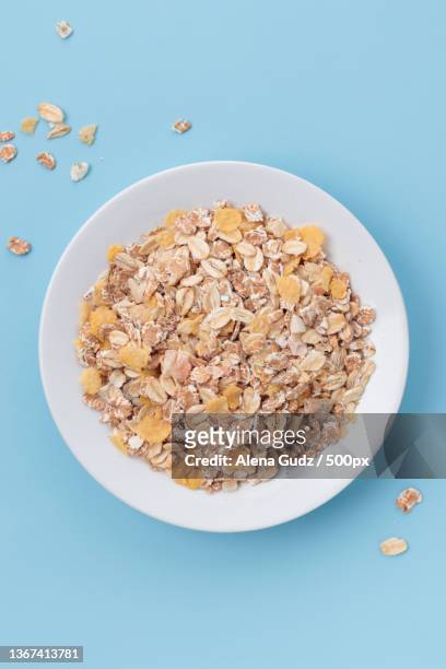 granola,directly above shot of breakfast in bowl on blue background - granola - fotografias e filmes do acervo