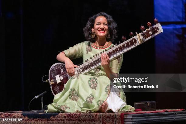 Anoushka Shankar performs on stage at Glasgow Royal Concert Hall on January 28, 2022 in Glasgow, Scotland.