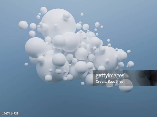 group of white spheres on blue background - miteinander verbunden stock-fotos und bilder