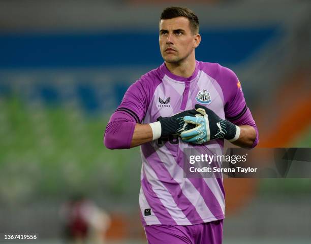 Newcastle United Goalkeeper Karl Darlow during a warm weather friendly match between Al-Ittihad and Newcastle United at Prince Abdullah Al Faisal...