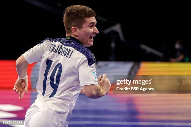 Andreja Stojcevski of Serbia celebrates after scoring his teams third goal during the Men's Futsal Euro 2022 Group A match between Netherlands and...