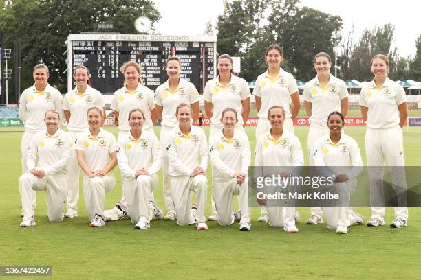 The Australian squad pose for a team photograph before play on day three of the Women's Test match in the Ashes series between Australia and England...