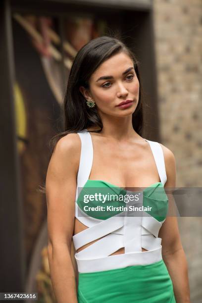 Actress Amy Jackson wears a Roland Mouret dress during London Fashion Week September 2021 on September 19, 2021 in London, England.