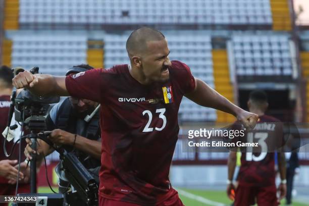 Salomón Rondón of Venezuela celebrates after scoring his team's second goal during a match between Venezuela and Bolivia as part of FIFA World Cup...
