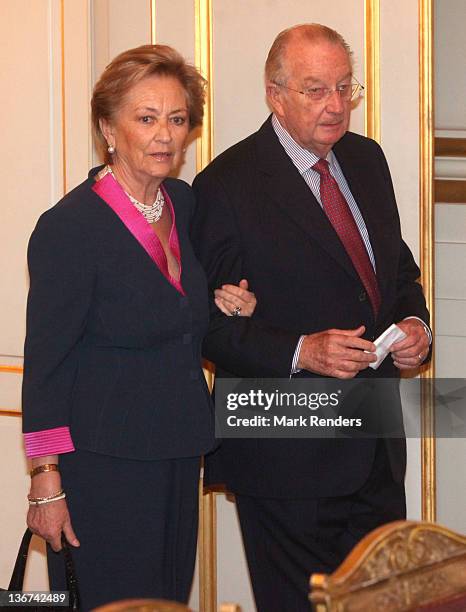 Queen Paola of Belgium and King Albert of Belgium attend the New Year reception for the Diplomatic Heads of Mission at the Royal Palace on January...