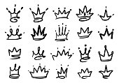 Doodle king queen crown. Hand drawn logo black set. Vector kingdom sketch concept.