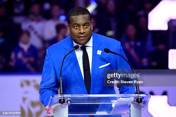 Former hockey player Kevin Weekes speaks during Henrik Lundqvist's jersey retirement ceremony prior to a game between the New York Rangers and...